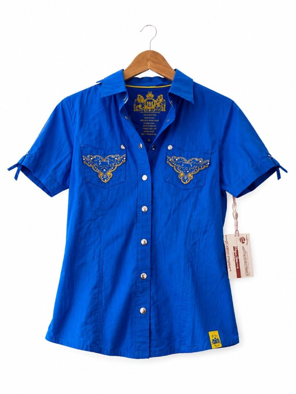NWT Pepe Jeans Blue Embroidered Western Pearl Snap Short Sleeve Shirt Y2K M